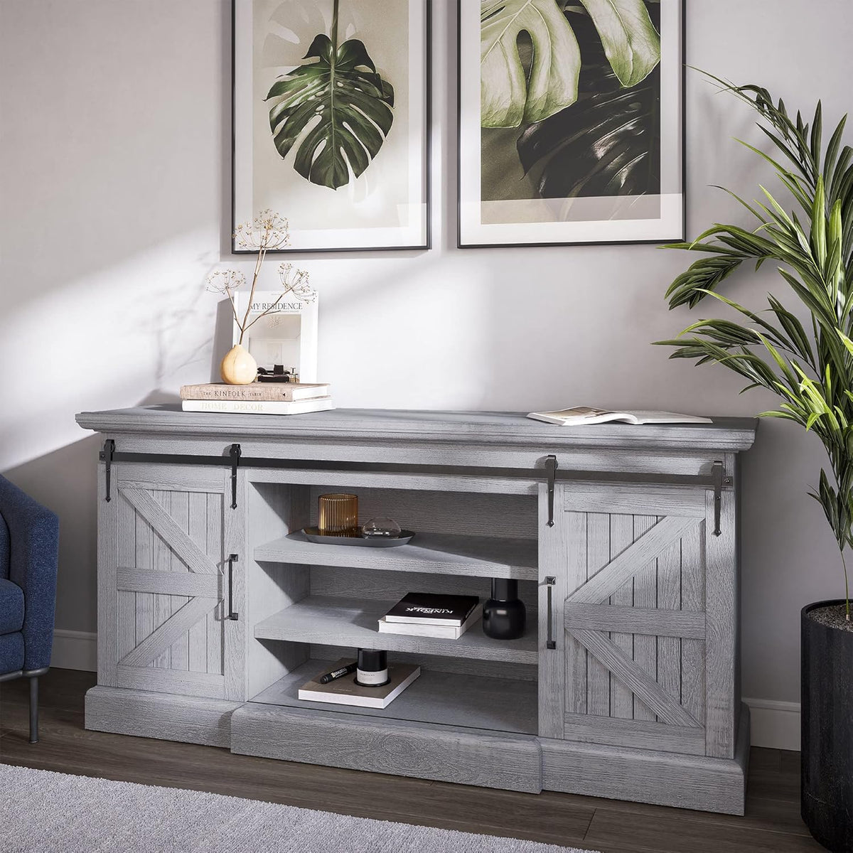 60 Inch Farmhouse TV Stand with Adjustable Shelves and Barn Doors F366117