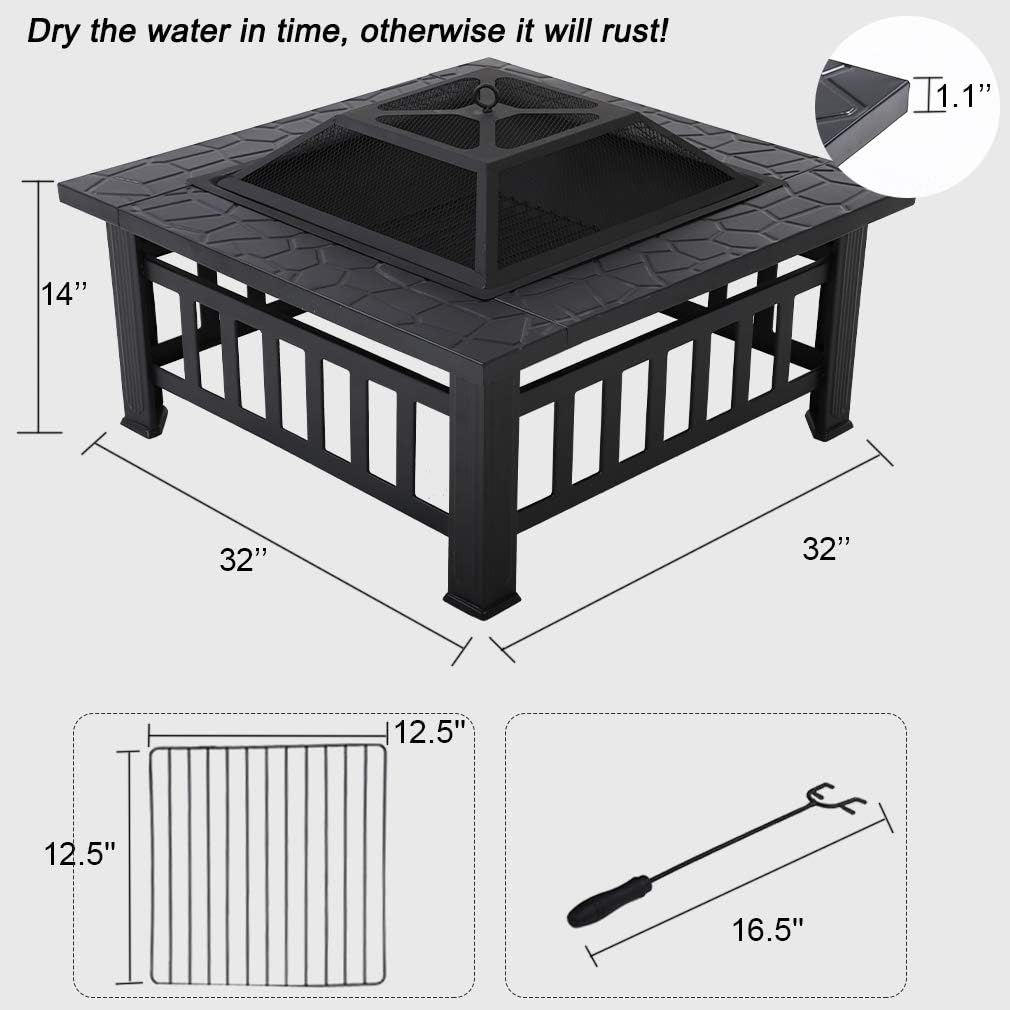 32'' Black Metal Square Wood Burning Fire Pit V485224
