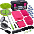 29Pcs Car Cleaning Kit Wash Tools Set with Long Handle Brush Mop, Extendable Pole, Wash Mitt, Towels, Storage Box, Pink V53439