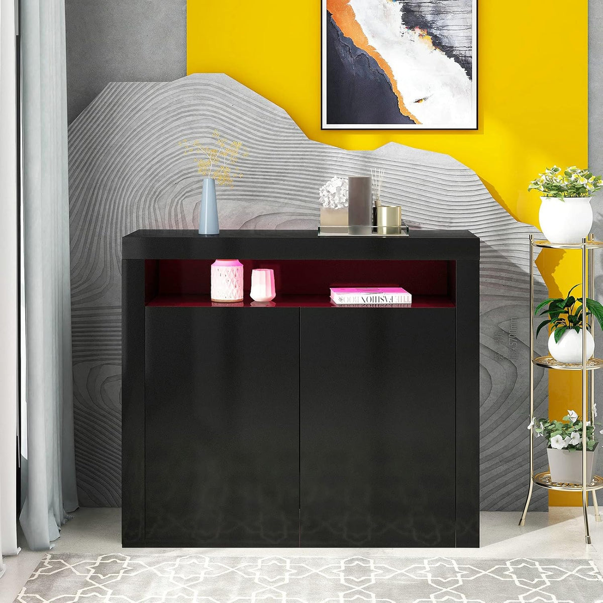 Black High Gloss Buffet Sideboard with LED Lights and 2-Door Storage Cabinet I40779