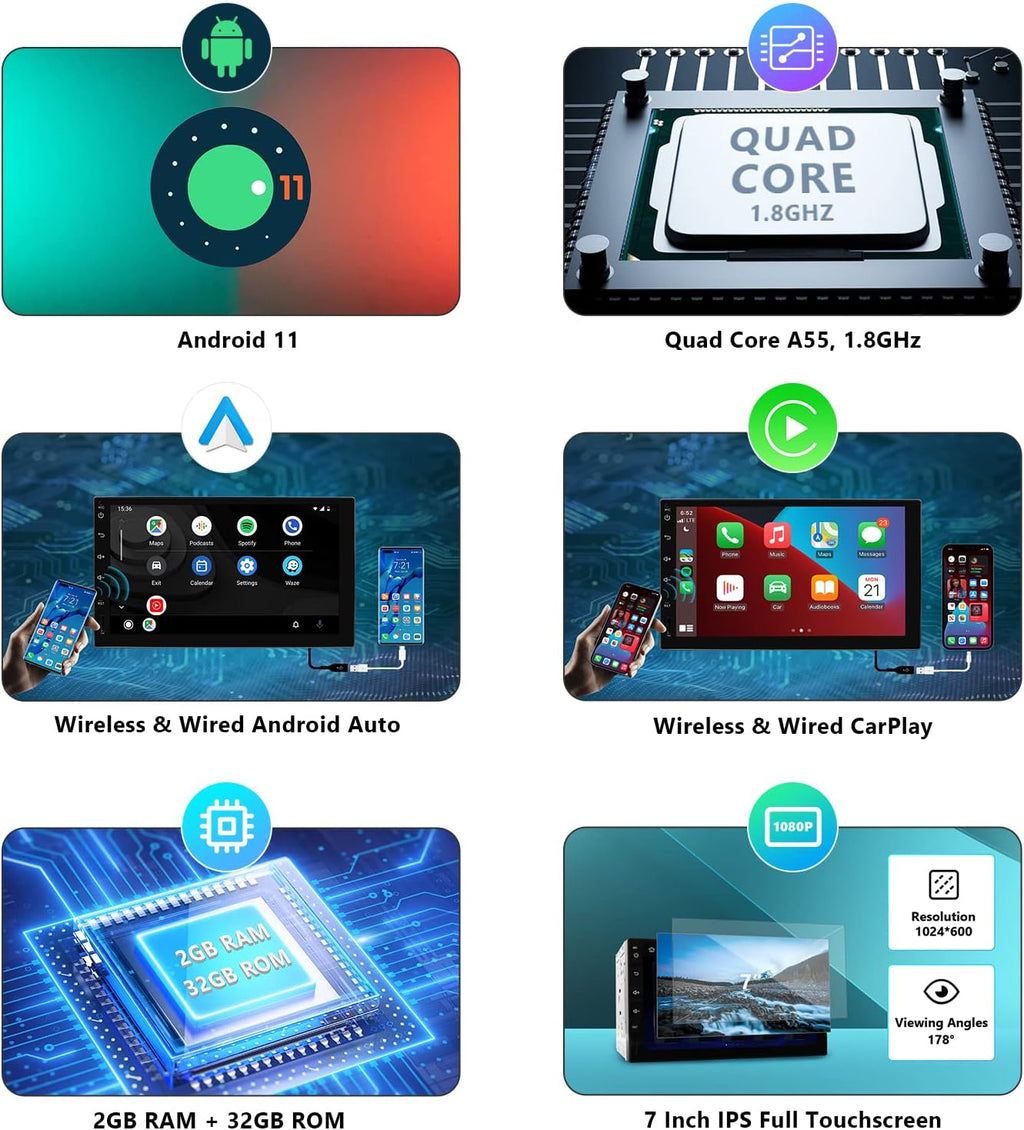 Android 11 Car Stereo with CarPlay Android Auto 7 Inch Double Din O496