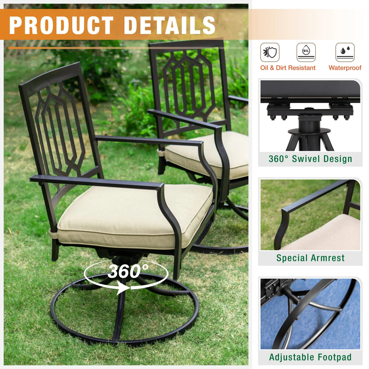 5 Pcs Outdoor Patio Metal Dining Set Swivel Chairs and Square Table Z430552