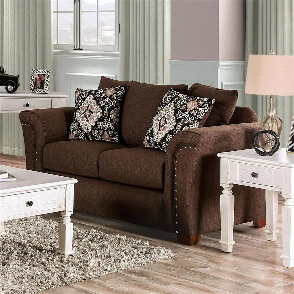 Chocolate Fabric Nailhead Loveseat K7504