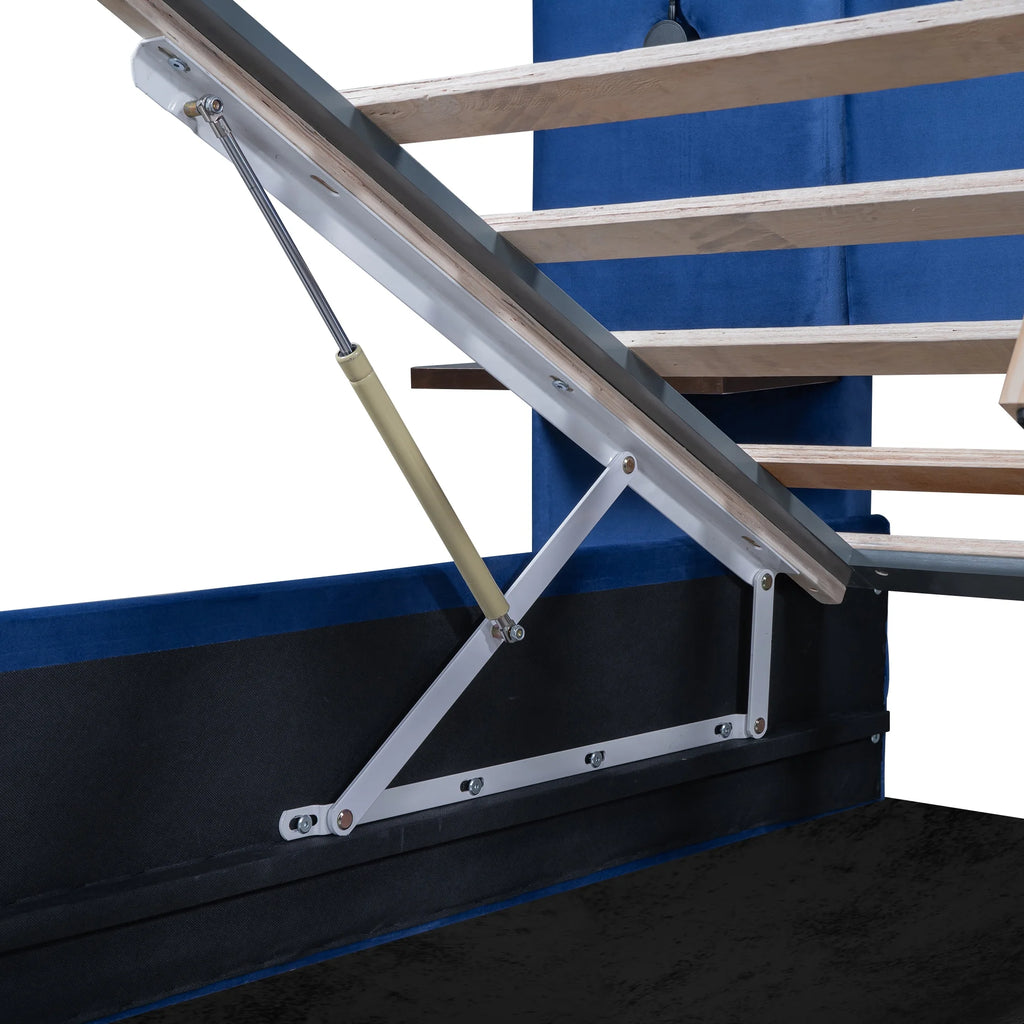 Full Size Upholstered Hydraulic Platform Bed with 2 Shelves, 2 Lights and 4 USB Ports, Blue L573637