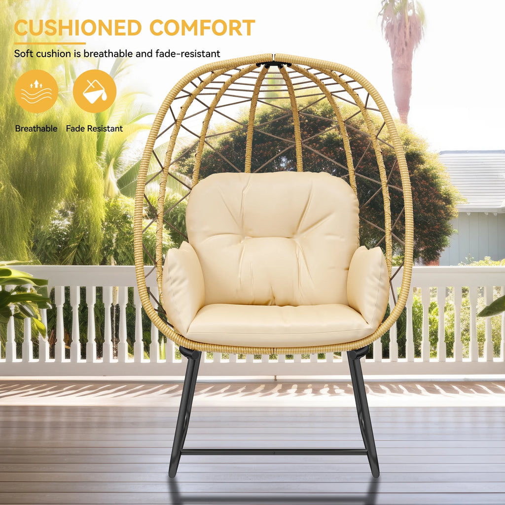 Beige Wicker Egg Chair with Stand and Cushion V4585