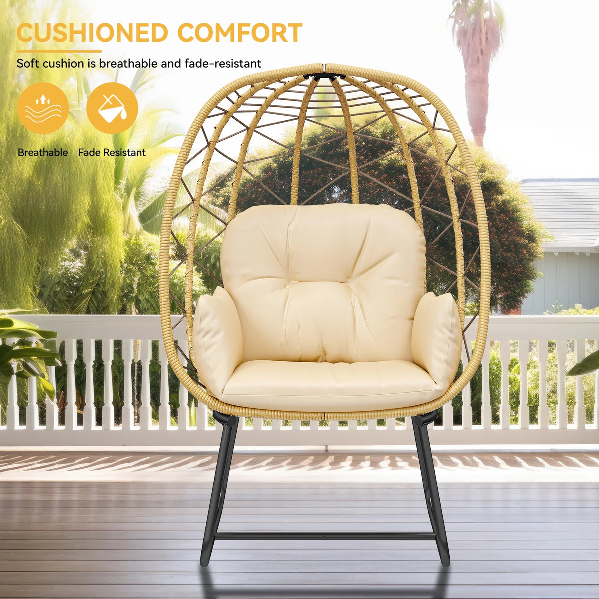 Beige Wicker Egg Chair with Stand and Cushion V4585