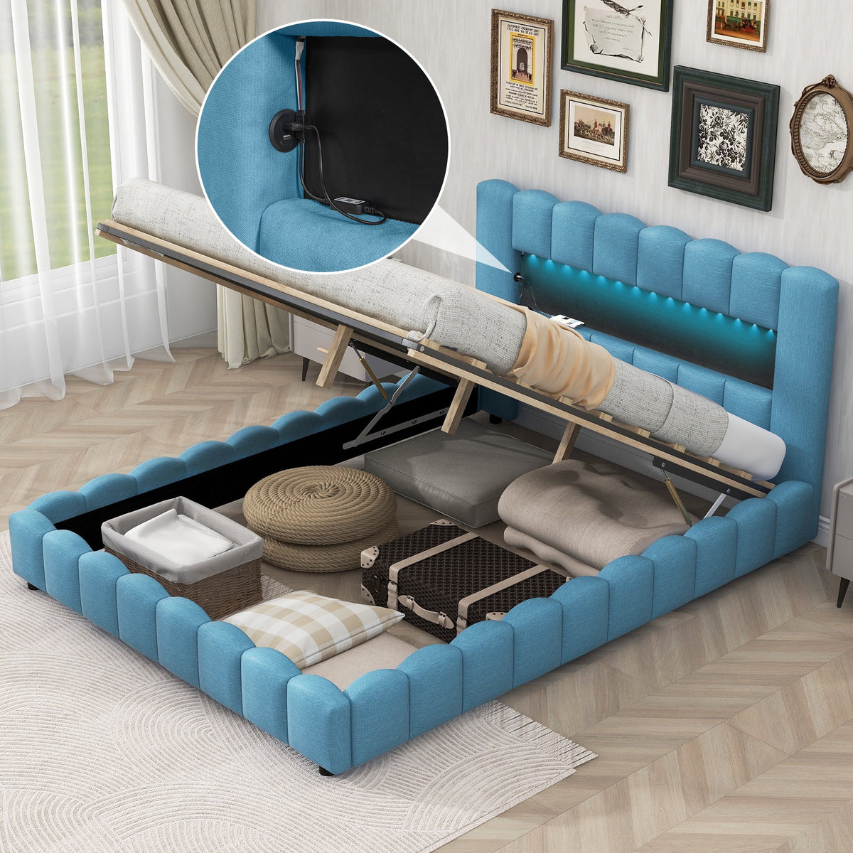Blue Upholstered Queen Bed with Lift up Storage U23762