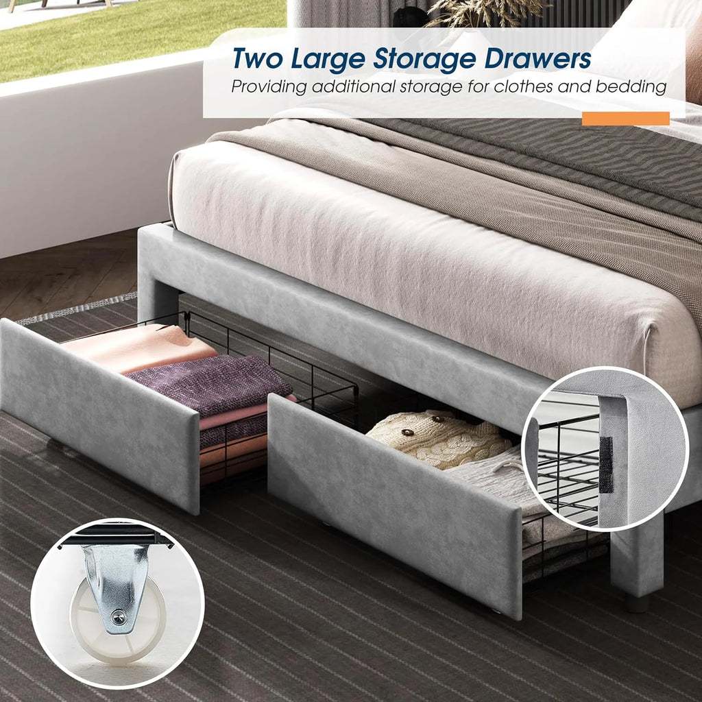 Queen Size Velvet Upholstered Platform Bed with Storage Drawers F295