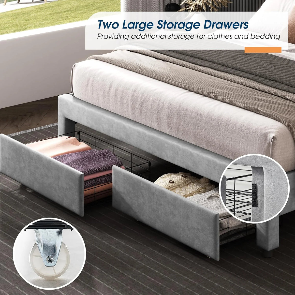Queen Size Velvet Upholstered Platform Bed with Storage Drawers F295
