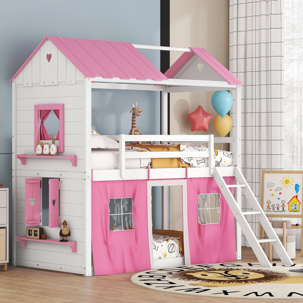 Twin Size Bunk Wood House Bed with Tent R9644