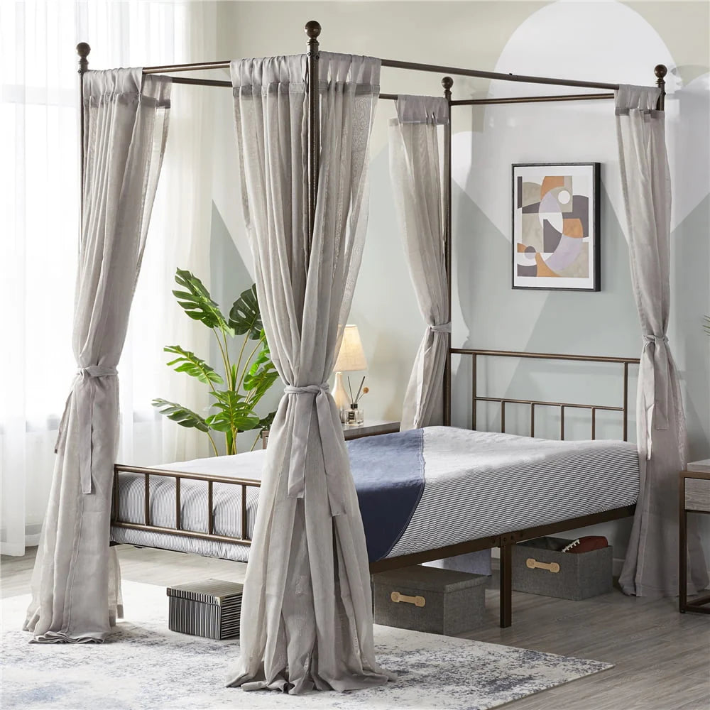 White Twin Metal Canopy Bed Frame with Headboard and Footboard X6661