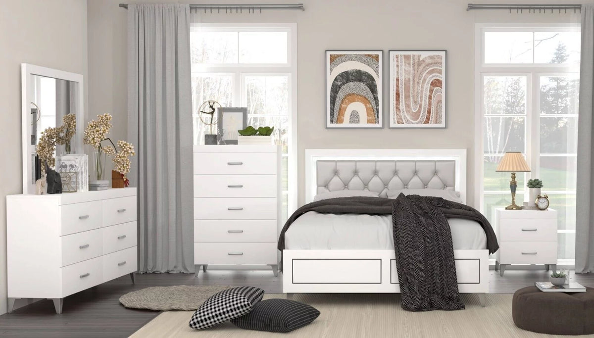 White 5pc Eastern King Bedroom Set with LED Headboard S201