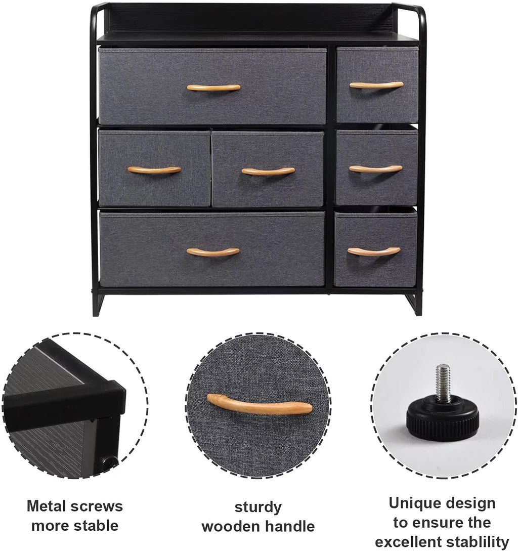 Fabric Storage Dresser with 7 Drawers, Metal Frame and Wooden Top, Dark Grey H3269