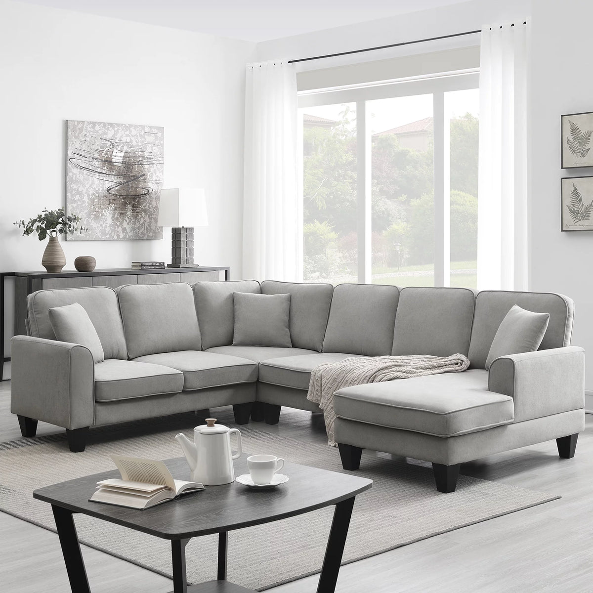 7 Seat Fabric U Shape Sectional Sofa with 3 Pillows G865825
