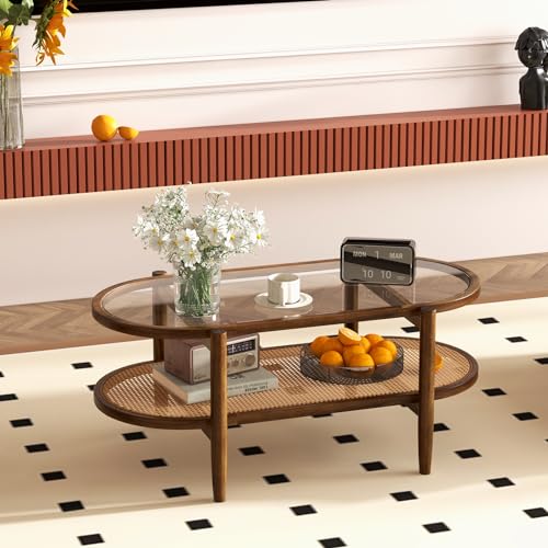 Black 2-Tier Oval Rattan Coffee Table with Tempered Glass F514294