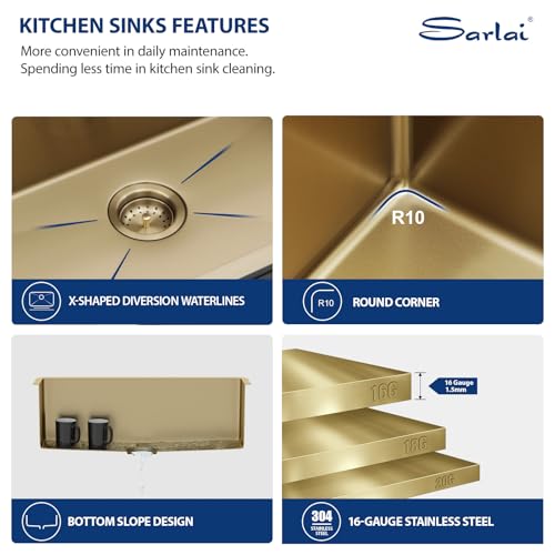 28 Inch Gold Undermount Stainless Steel Kitchen Sink H66605