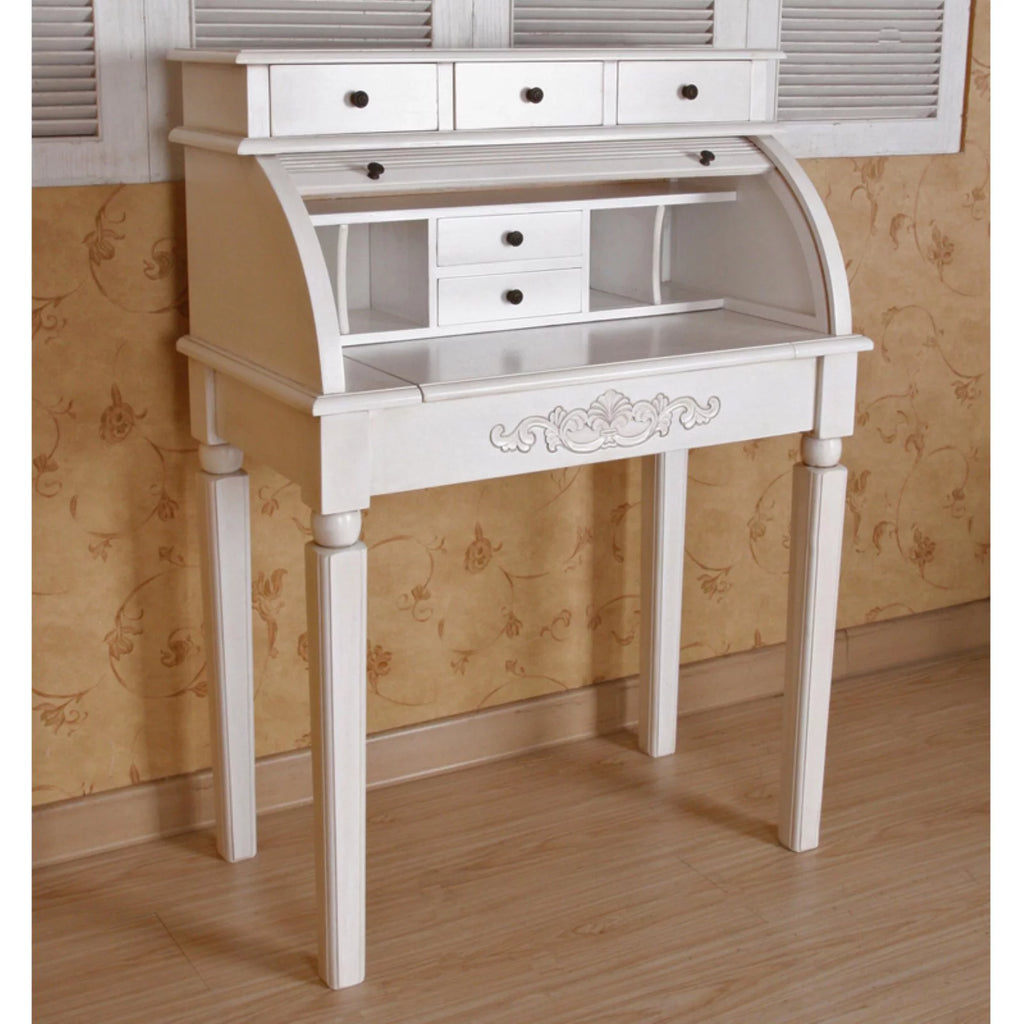 Antique White Hand-Carved 3-Drawer Roll Top Desk P706299