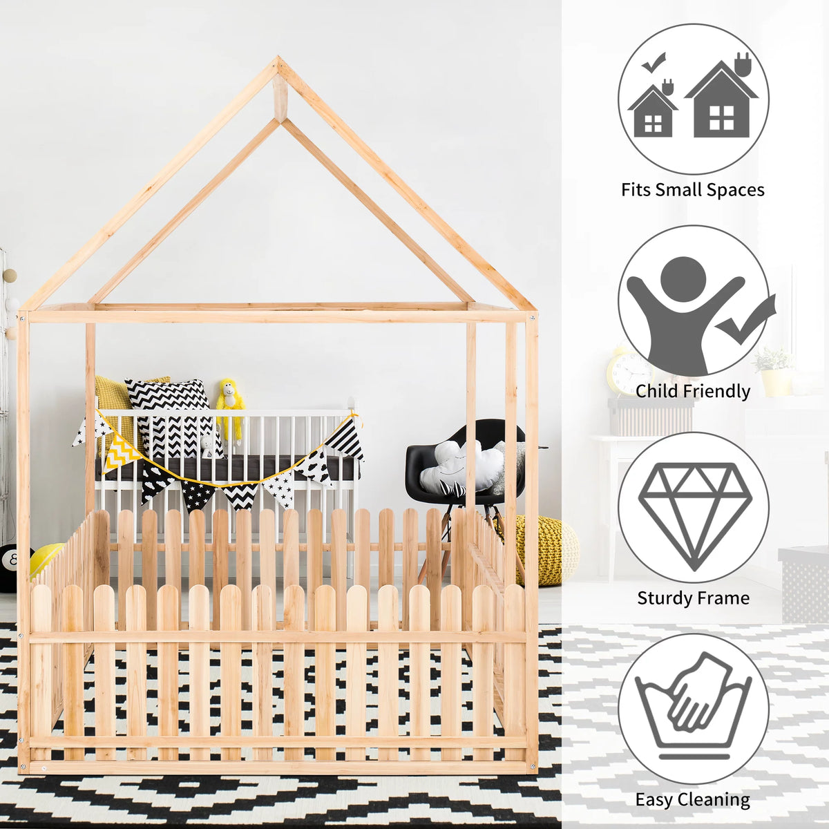 Full Size Wood Floor Bed Frame with Roof and Fence F92686