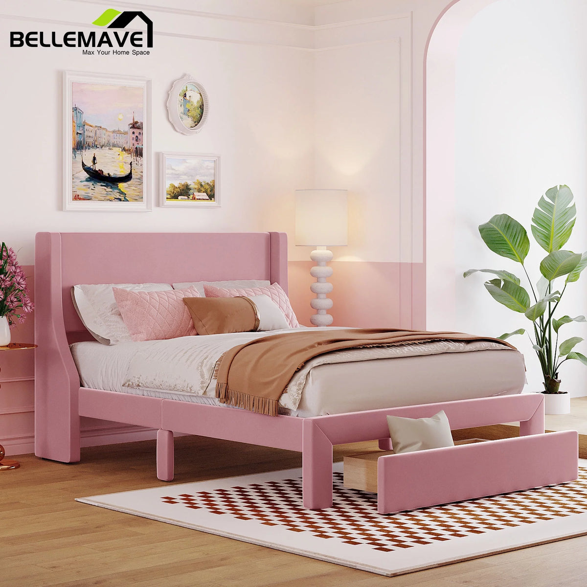 Full Size Pink Velvet Upholstered Platform Bed with Drawer N48613
