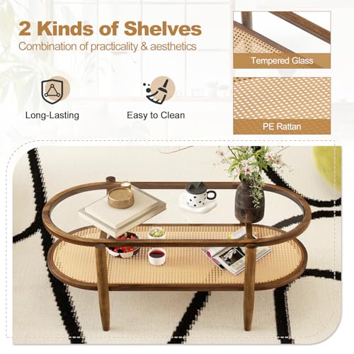 Black 2-Tier Oval Rattan Coffee Table with Tempered Glass F514294
