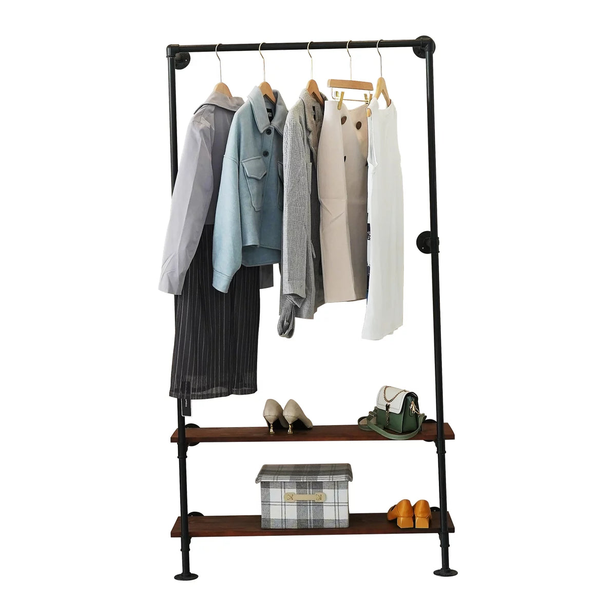 Black 2 Tier Wall Mounted Clothing Rack with Shelves A47448