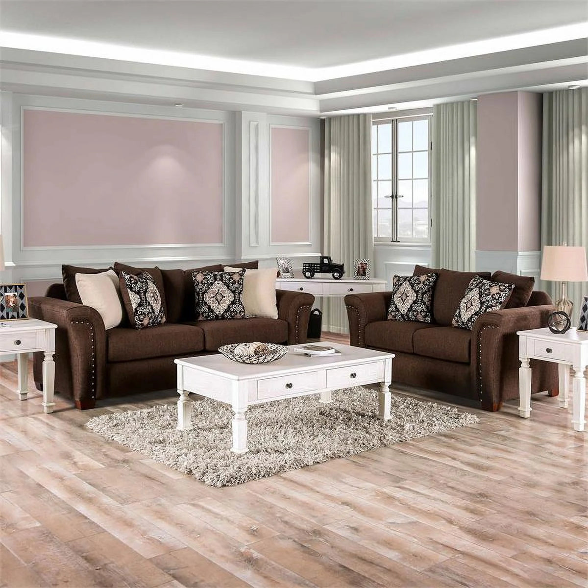 Chocolate Fabric Nailhead Loveseat K7504