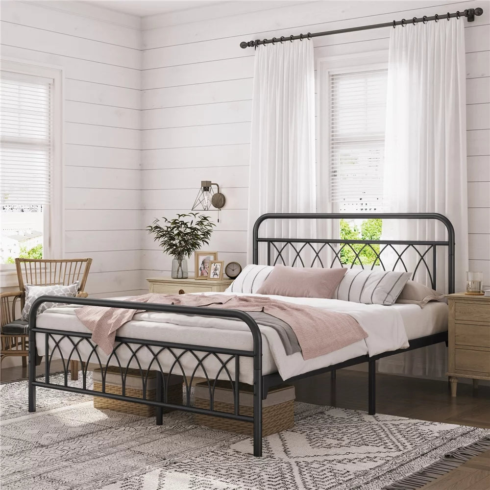 Metal Platform Bed Frame with Headboard and Footboard, Twin, Antique Gold R65174