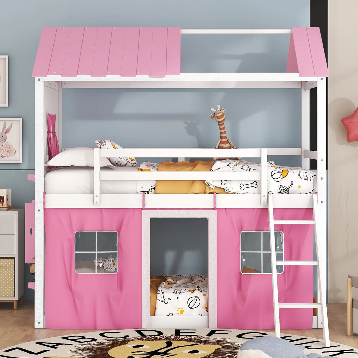 Twin Size Bunk Wood House Bed with Tent R9644