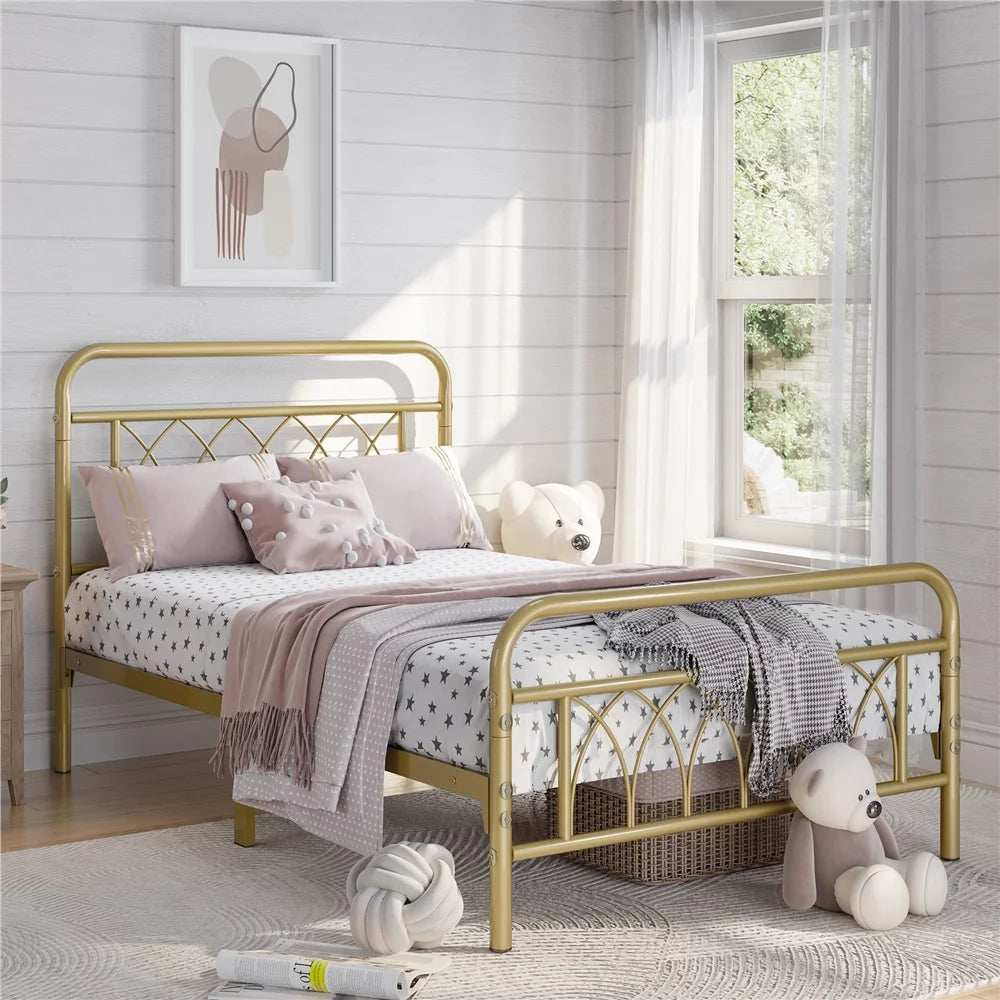 Metal Platform Bed Frame with Headboard and Footboard, Twin, Antique Gold R65174