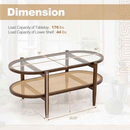 Black 2-Tier Oval Rattan Coffee Table with Tempered Glass F514294