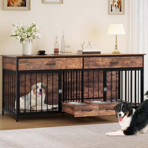 Brown Wooden Double Dog Crate Furniture with Drawers W452