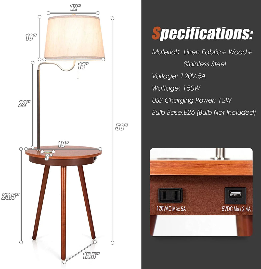 Floor Lamp End Table with USB Charging Port, 120V Socket & Wireless Charger N529216