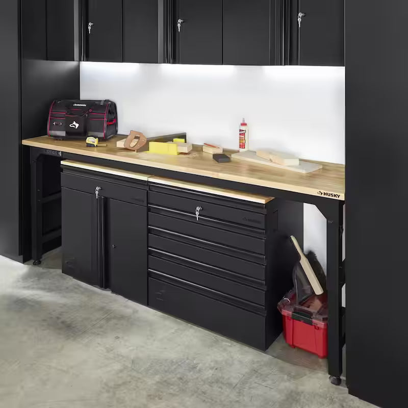 8 ft. Adjustable Height Solid Wood Top Workbench in Black I372132