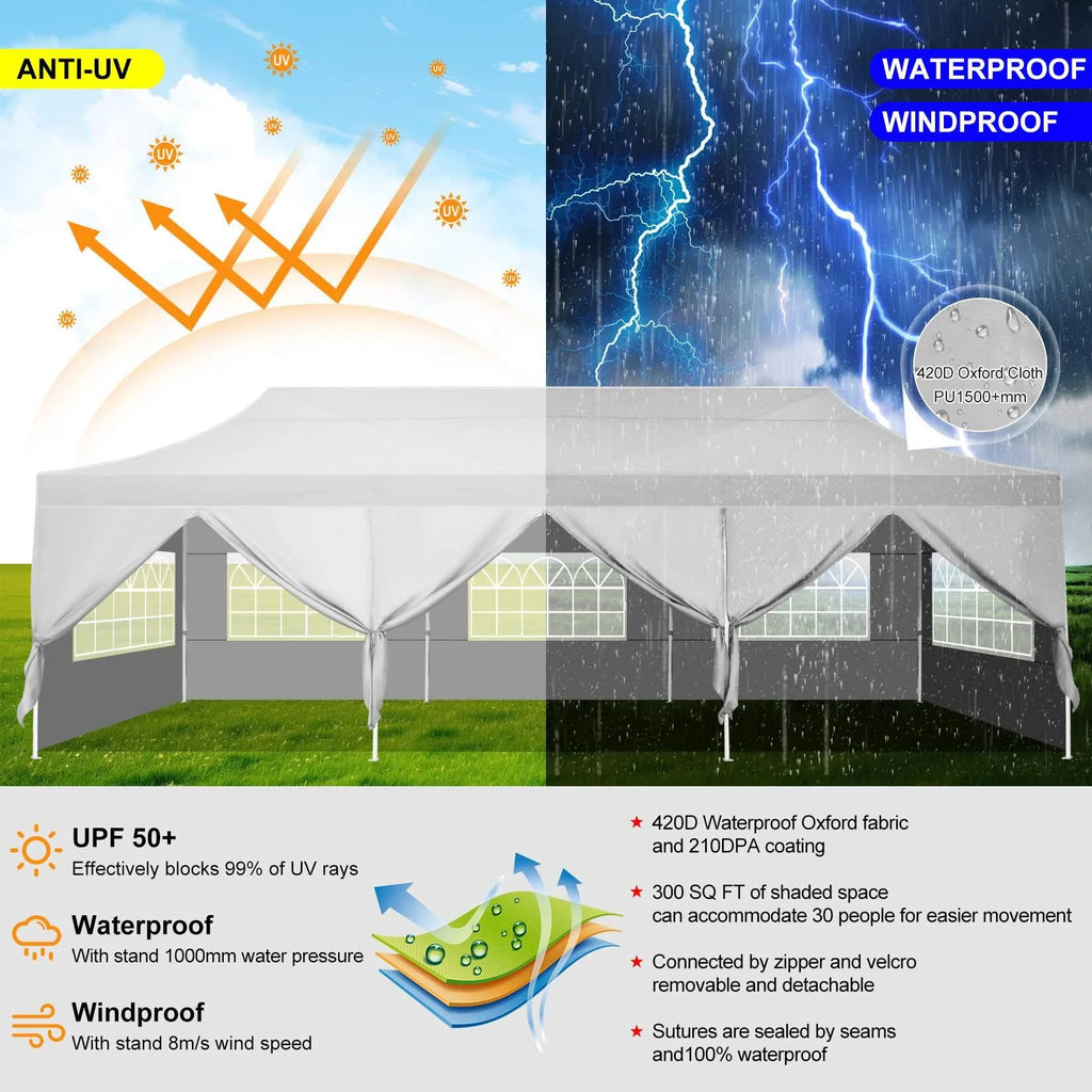 10'x30' Heavy Duty Waterproof Pop Up Canopy with 8 Removable Sidewalls, White M722