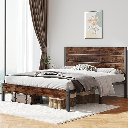 Rustic Brown Metal Full Bed Frame with Headboard and Footboard O95619