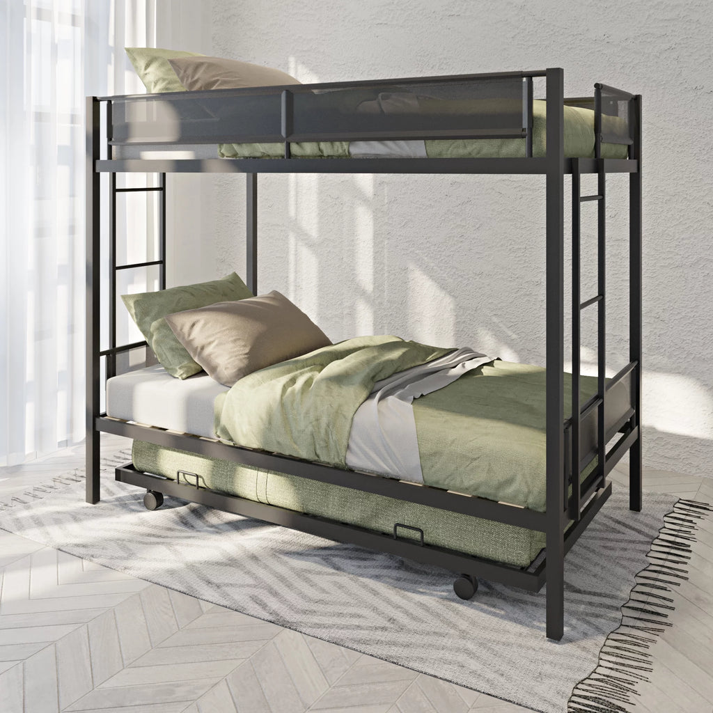 Twin Over Twin Metal Bunk Bed with Trundle and Ladder C8336