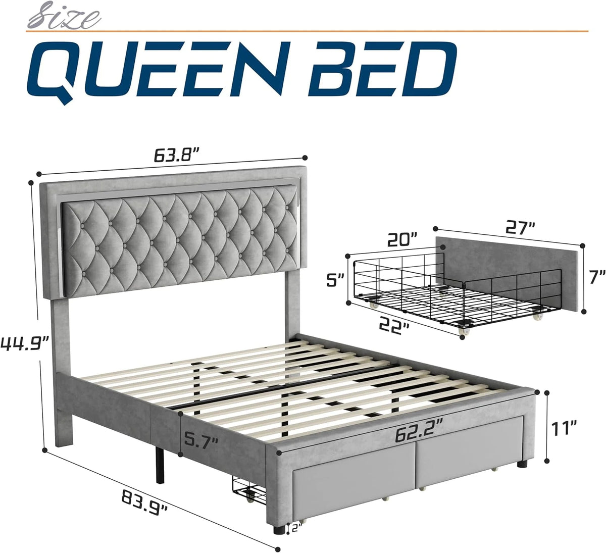 Queen Size Velvet Upholstered Platform Bed with Storage Drawers F295