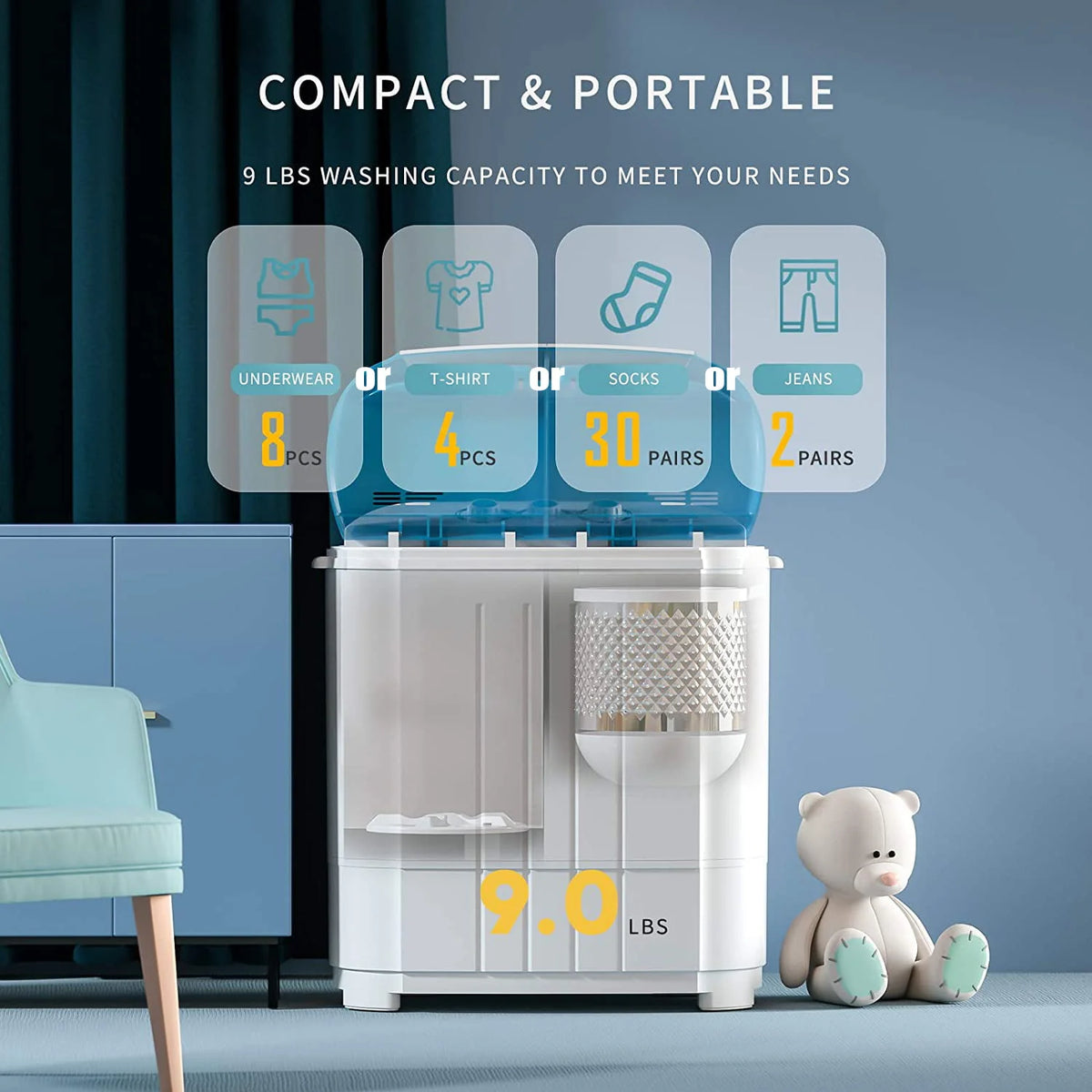 Portable 14lbs Twin Tub Compact Semi-Automatic Washer Spinner Combo V908
