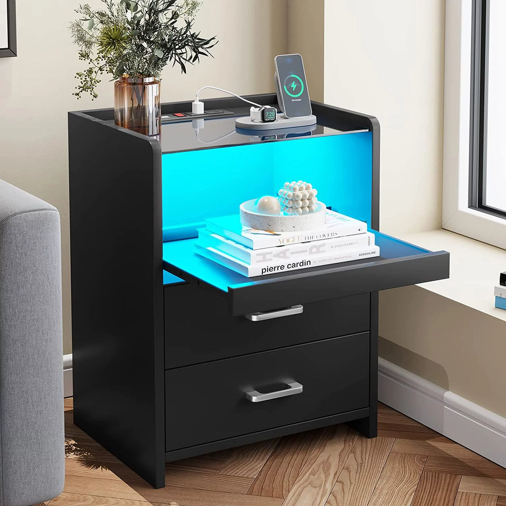 Black 2 Drawer Nightstand with Charging Station and LED Light D729