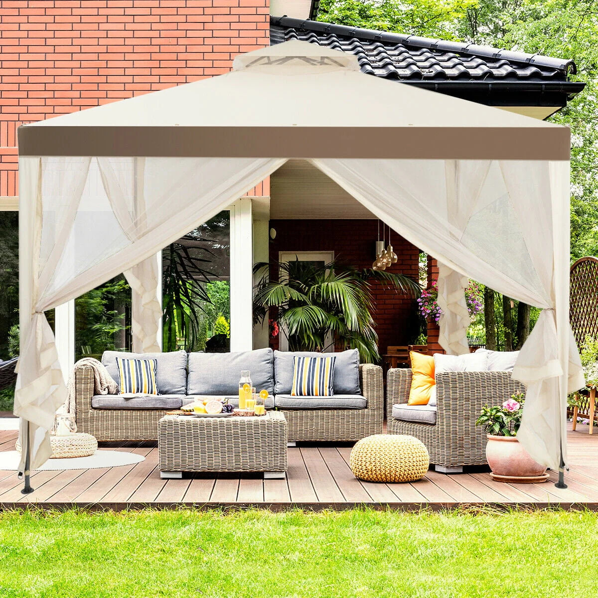10' x 10' Beige Canopy Gazebo with Mosquito Netting Z647
