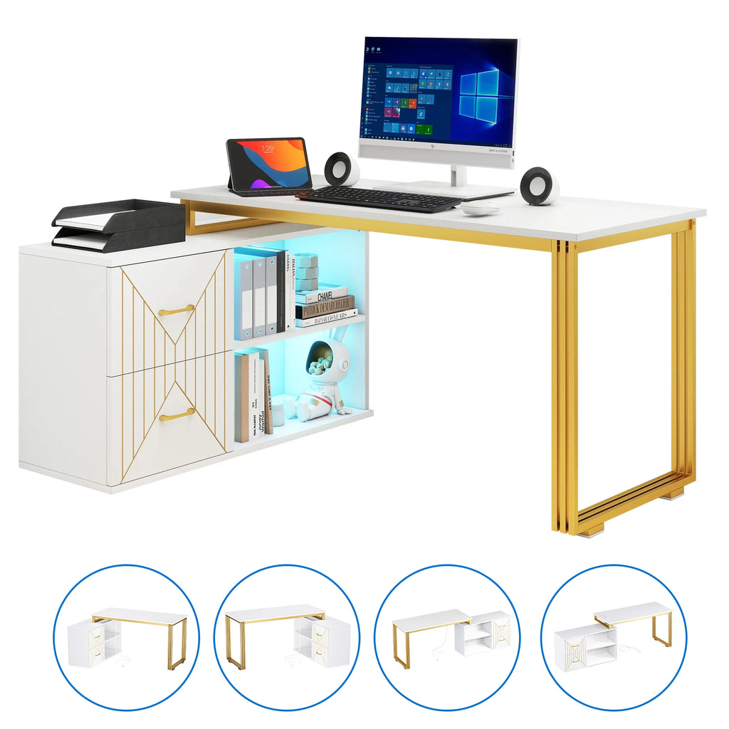 White 55 Inch L Shaped Corner Desk with Drawers and Storage Shelves M7408