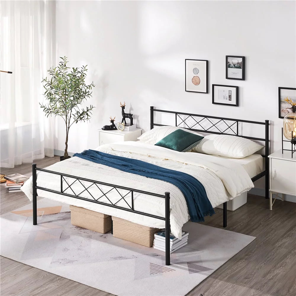 Queen Size Black Metal Platform Bed Frame with Headboard and Footboard V740