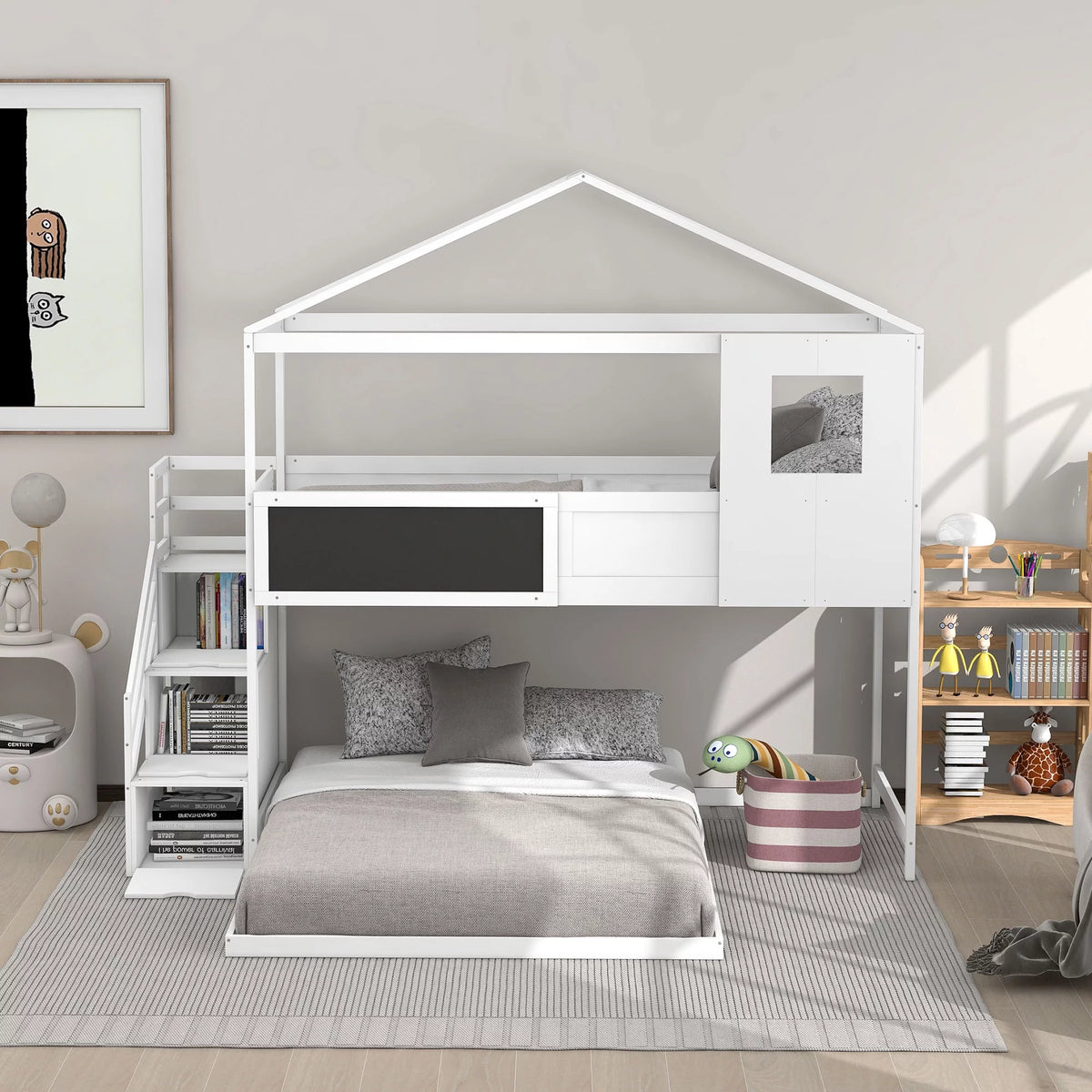 Twin over Full Bunk Bed with Storage Staircase and Blackboard White Y9032