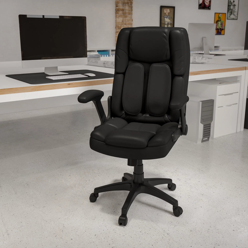 Black LeatherSoft Executive Swivel Ergonomic Office Chair with Flip-Up Arms K358