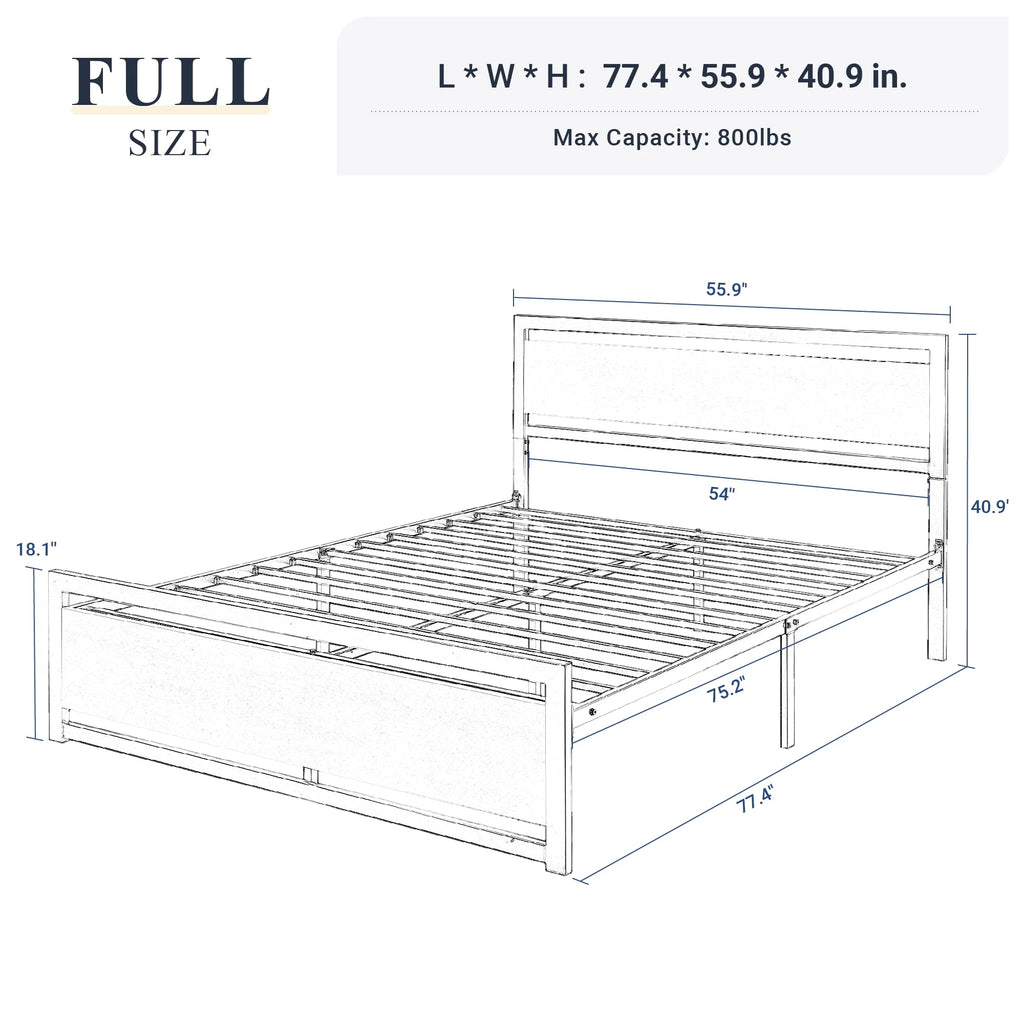 Queen Size Metal Platform Bed Frame with Wooden Headboard & Footboard U7603