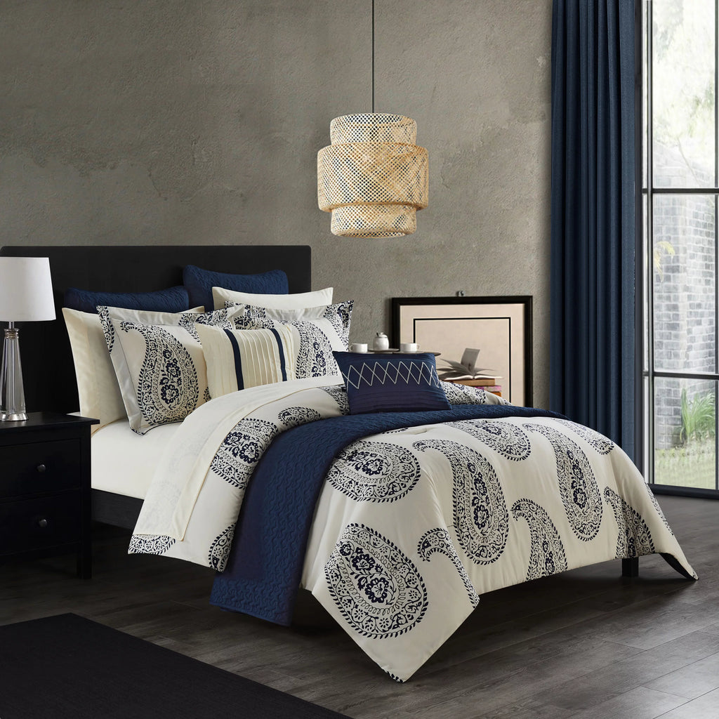 12-Piece Reversible Paisley Comforter Set Queen Navy Q358