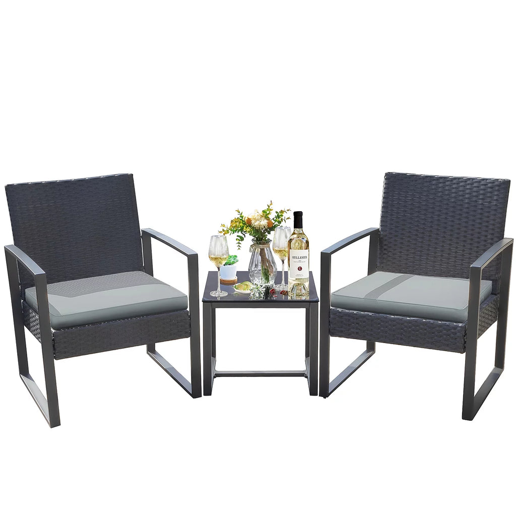 3 Pieces Cushioned PE Rattan Bistro Chairs Set of 2 with Coffee Table M323