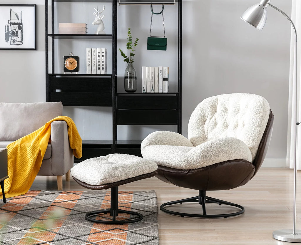 White Faux Fur Swivel Accent Chair with Ottoman P8130