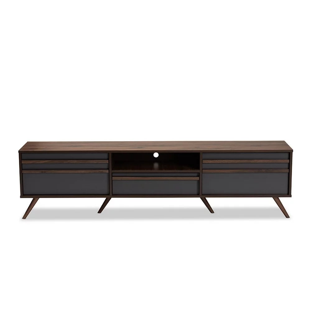 Grey Walnut Wood TV Stand with Drop-Down Compartments A6914