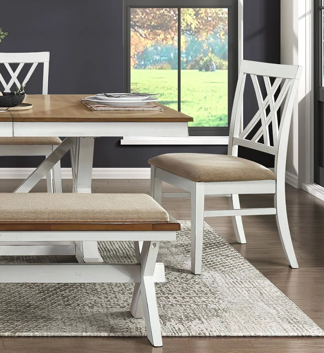 White and Oak 6pc Dining Set with Extension Leaf Bench and 4 Side Chairs B165920